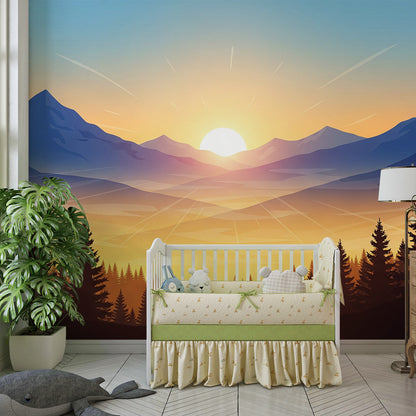 Kids-Mundo sunrise mountain landscape mural covering a feature wall in a child's bedroom
