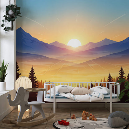 Kids-Mundo golden mountain sunrise mural on a playroom wall with a reading nook and cushions