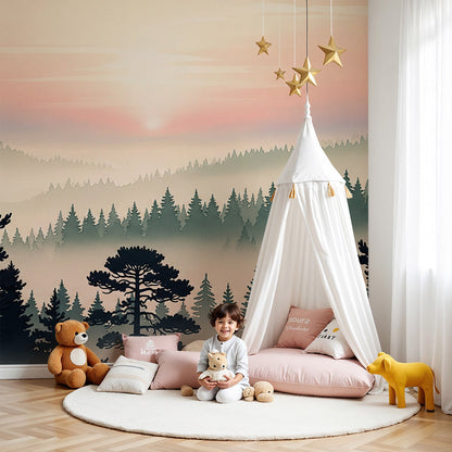 Kids-Mundo golden sunrise pine forest wall mural in a warm pink-toned nursery with a cot