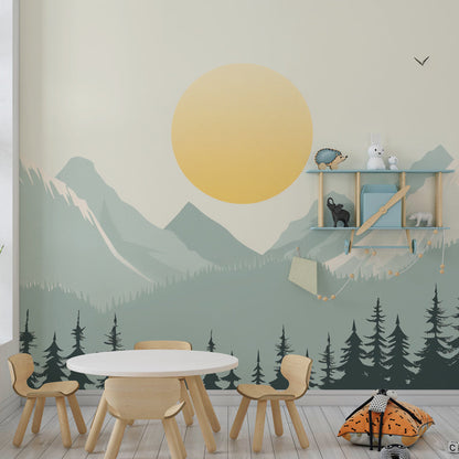 Kids-Mundo golden sunset mountain mural behind a bed in a nature-themed kids bedroom.