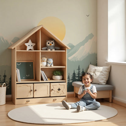 Kids-Mundo golden sunset mountain wall mural styled in a warm, calm nursery.