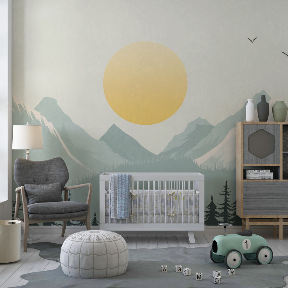 Kids-Mundo golden sunset mountain wall mural bringing warm calm to a playroom wall.