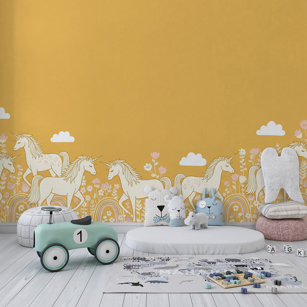 Kids-Mundo unicorn herd and rainbow wall mural covering a feature wall in a kids bedroom