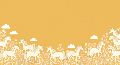 Kids-Mundo flat artwork of a strolling unicorn herd, clouds and rainbows on a golden background