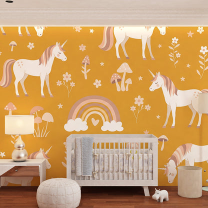 Kids-Mundo mustard unicorn wallpaper mural styled behind a nursery cot