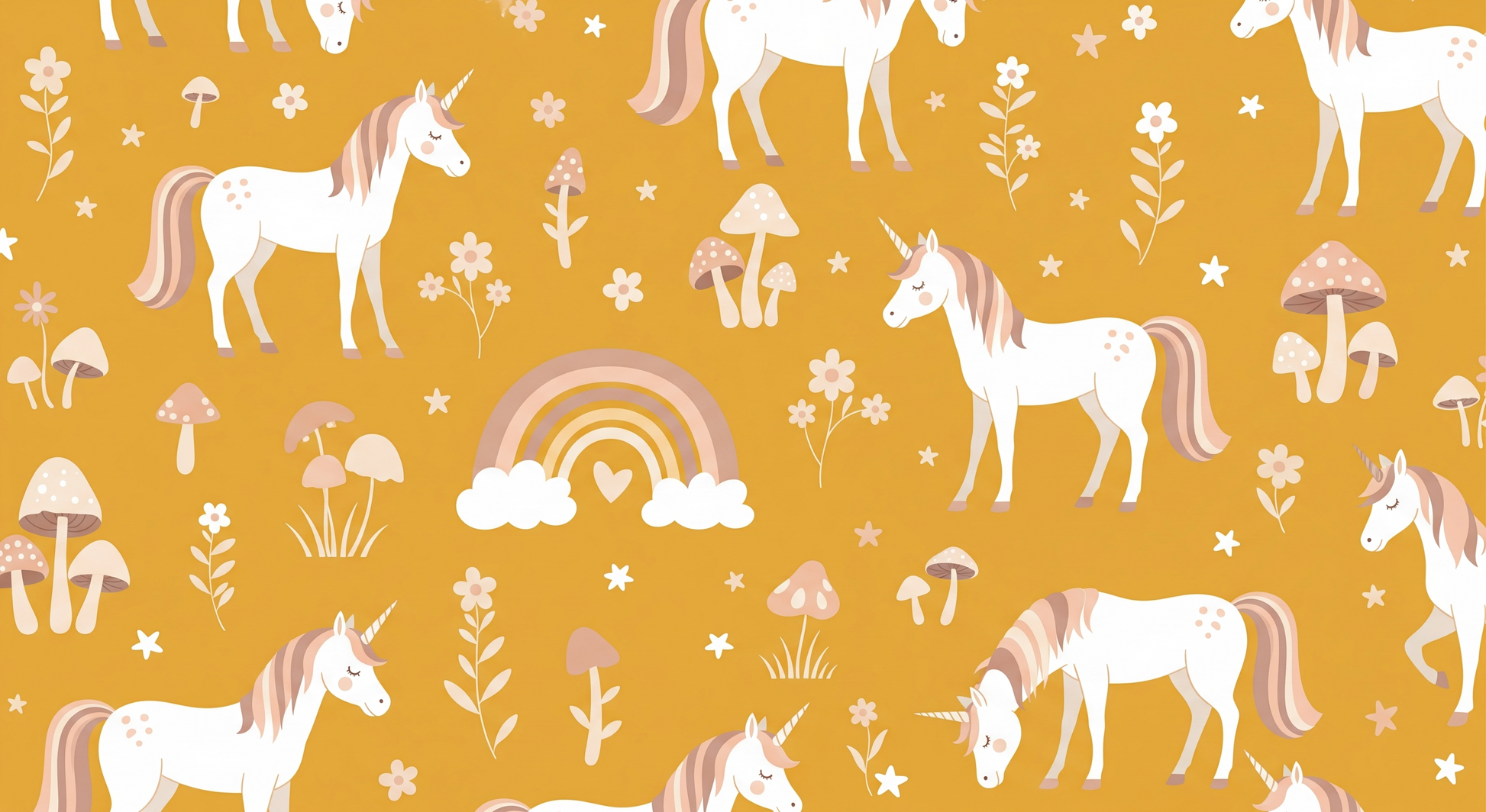 Flat artwork preview of the Kids-Mundo golden meadow unicorns and mushrooms wall mural