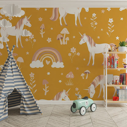 Kids-Mundo unicorn and mushroom pattern wall mural covering a playroom wall