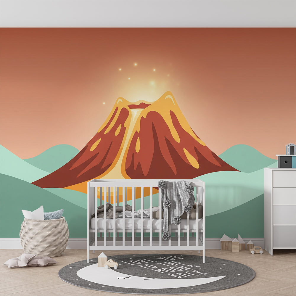 Kids-Mundo volcano wall mural with rolling hills styled on a kids bedroom wall