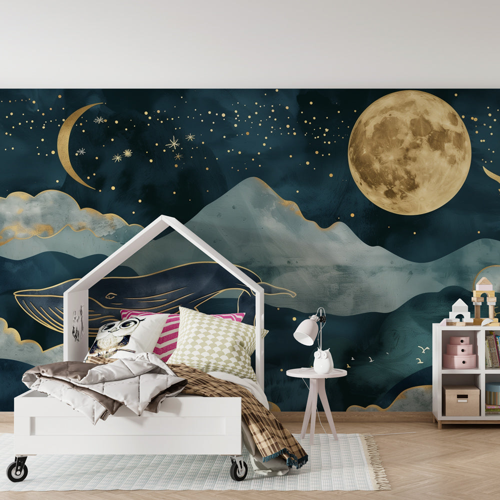 Kids-Mundo whale and moon night sky wall mural on a feature wall in a kids bedroom