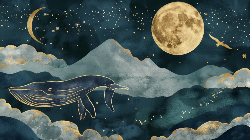 Kids-Mundo flat artwork of a golden whale swimming beneath a full moon and stars