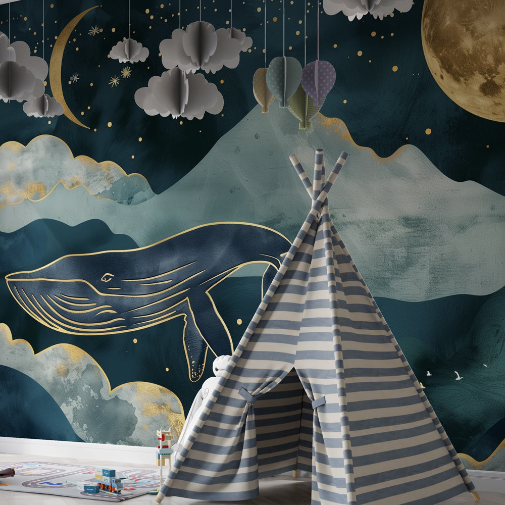 Kids-Mundo gilded whale wall mural bringing a starlit sky to a calm playroom wall