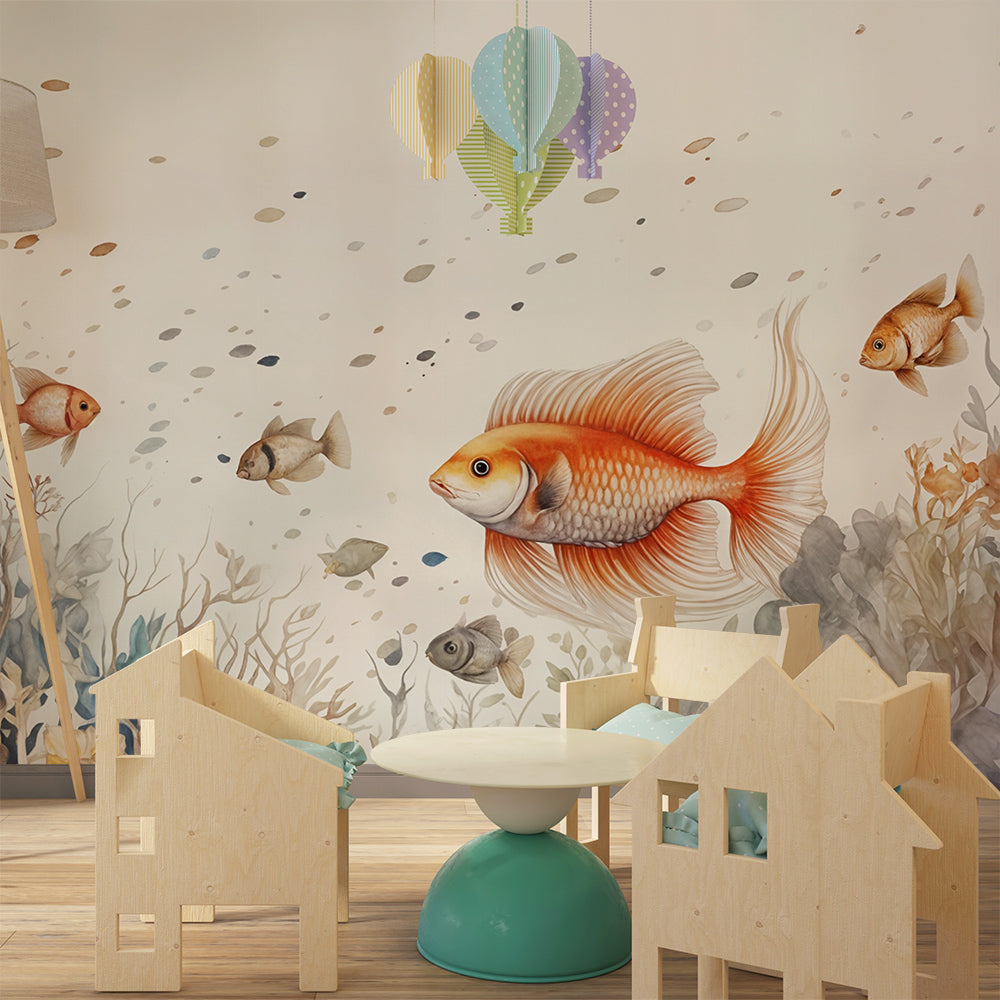 Kids-Mundo watercolour ocean mural covering the wall of a child's bedroom with a reading chair