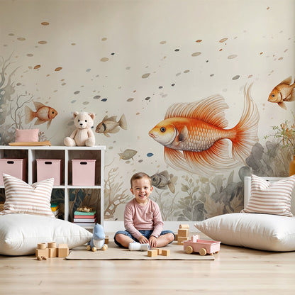 Kids-Mundo goldfish and coral wall mural in a calm nursery with a cot and neutral tones
