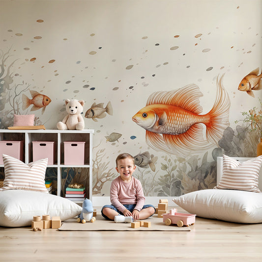 Kids-Mundo goldfish and coral wall mural in a calm nursery with a cot and neutral tones