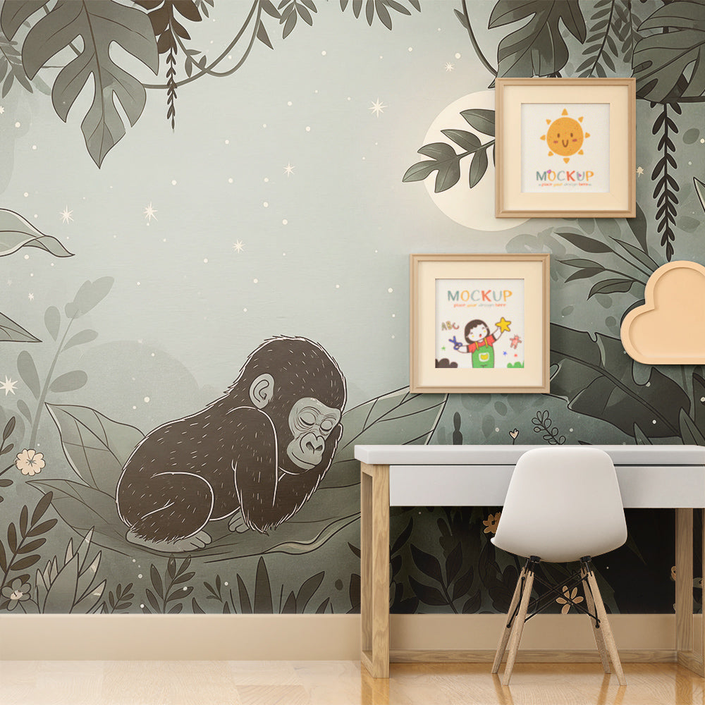 Kids-Mundo sleeping baby gorilla wall mural in a calm night-jungle kids bedroom