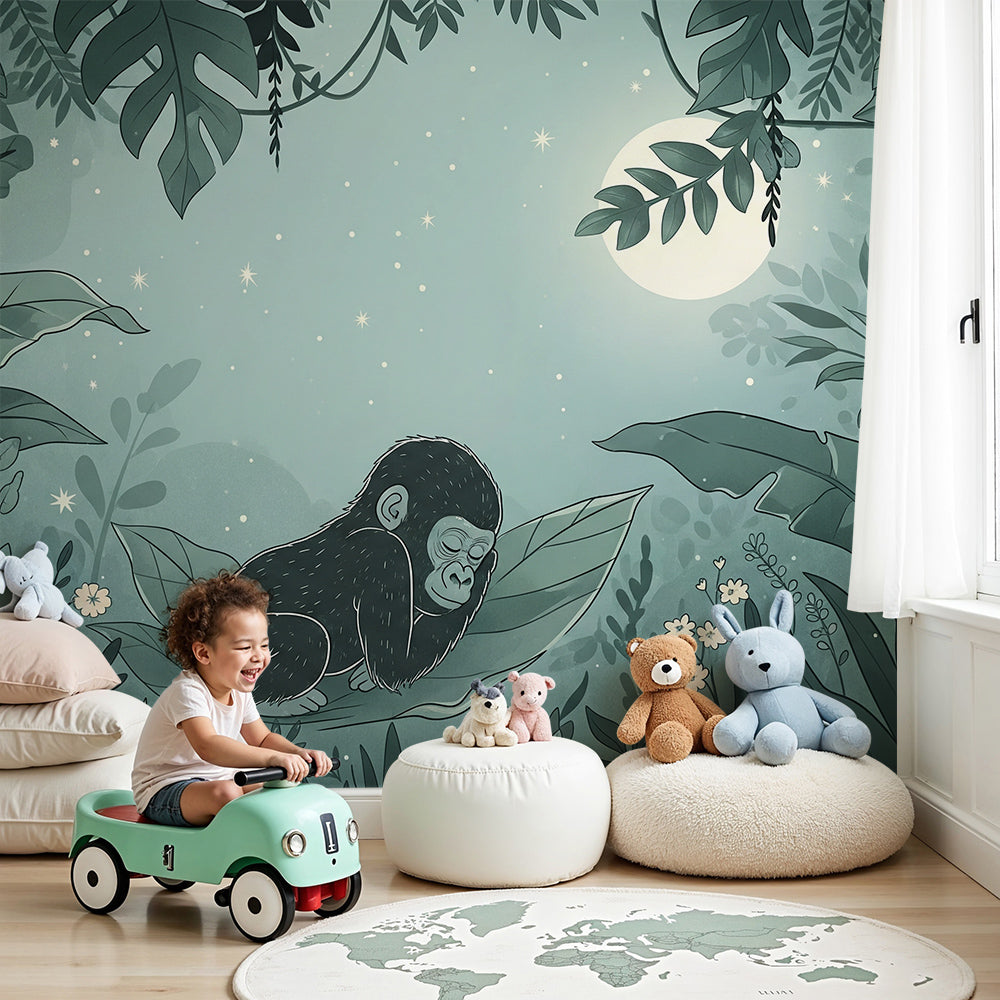 Kids-Mundo moonlit baby gorilla wall mural styled in a deep teal, starry nursery