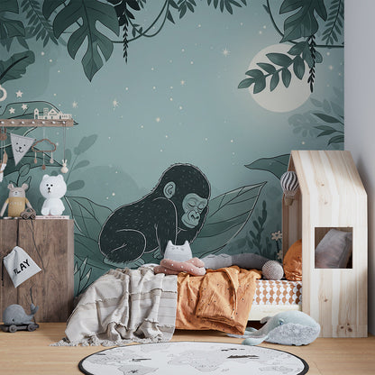 Kids-Mundo moonlit jungle gorilla wall mural adding a cosy glow to a playroom