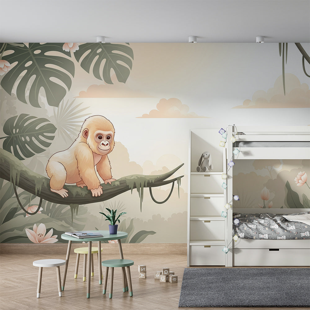 Kids-Mundo baby gorilla tropical wall mural in a soft pink and green kids bedroom