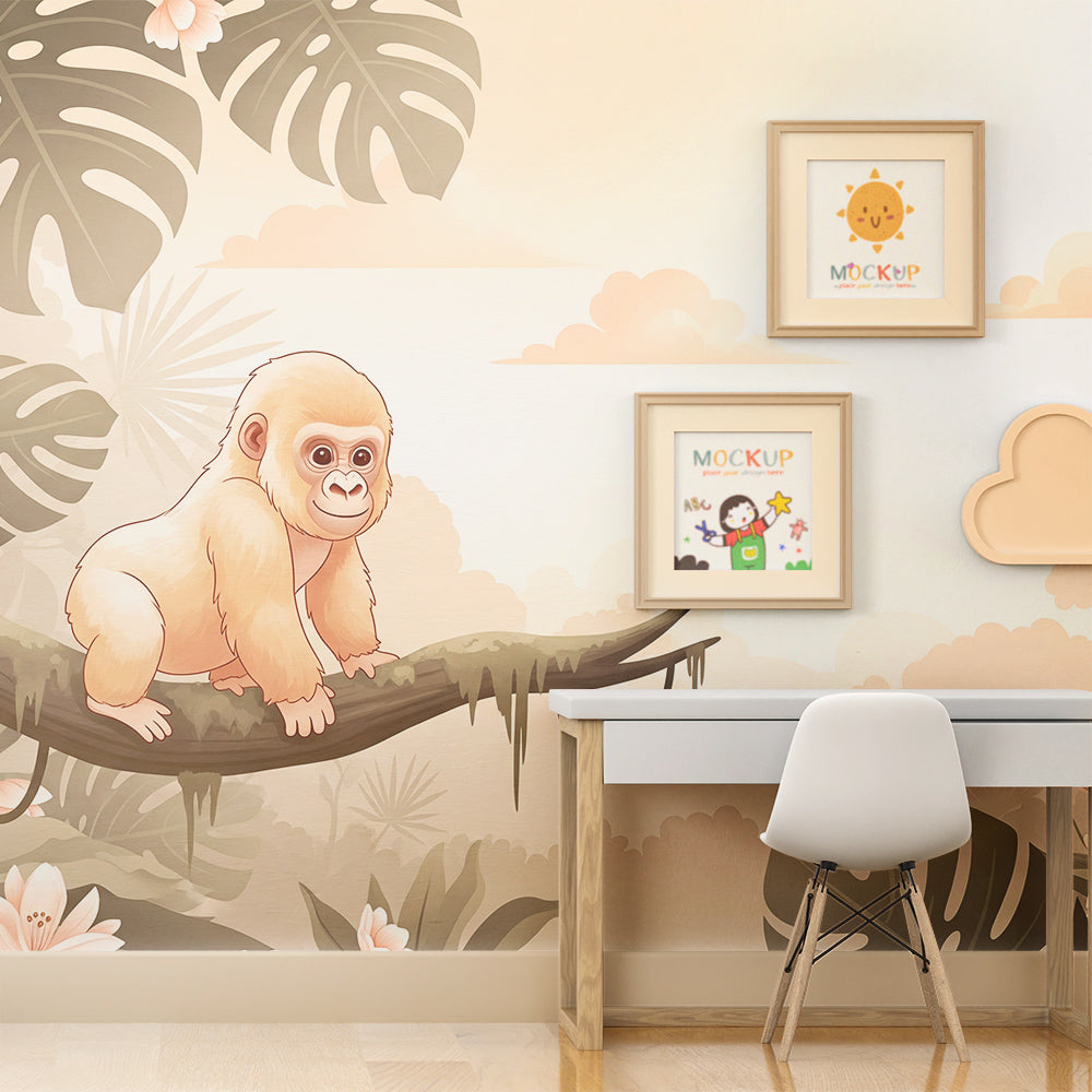 Kids-Mundo dreamy jungle gorilla wall mural brightening a bright, playful playroom