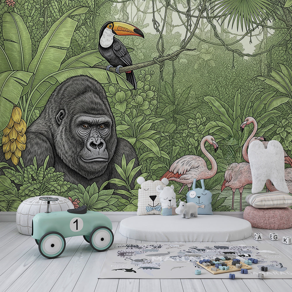 Kids-Mundo jungle wall mural in a kids' bedroom, gorilla, toucan and flamingos covering the full wall.