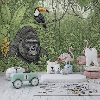 Kids-Mundo jungle wall mural in a kids' bedroom, gorilla, toucan and flamingos covering the full wall.