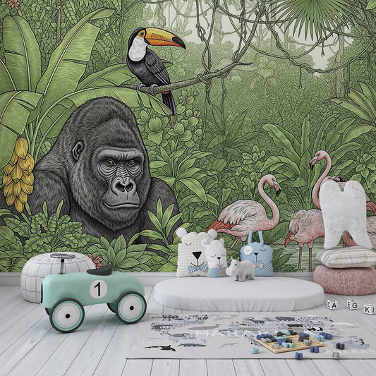 Kids-Mundo jungle wall mural in a kids' bedroom, gorilla, toucan and flamingos covering the full wall.