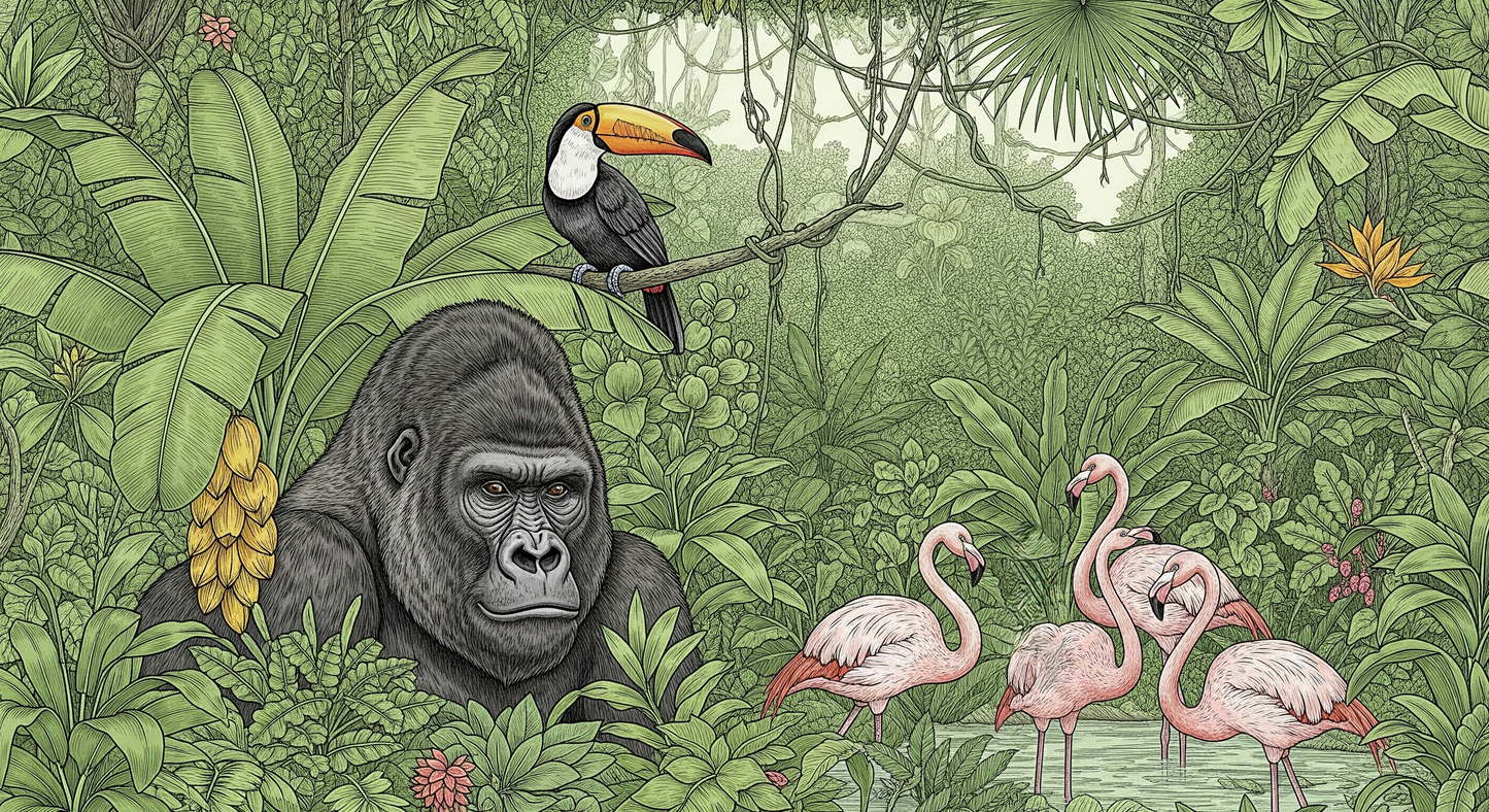 Kids-Mundo flat artwork of a gorilla, toucan and pink flamingos in a detailed green jungle scene.