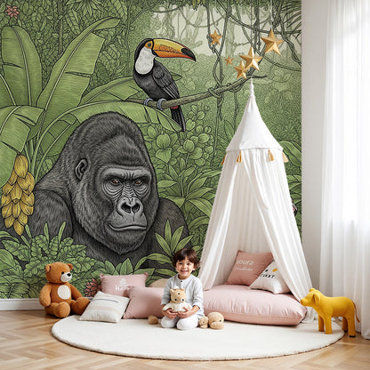 Kids-Mundo gorilla and toucan jungle wall mural styled in a nursery, pink flamingos among green leaves.