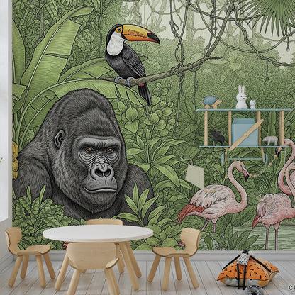 Kids-Mundo gorilla and flamingo jungle mural in a playroom, dense green foliage behind play furniture.