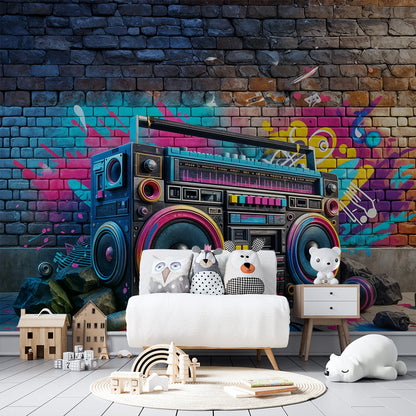 Kids-Mundo graffiti street art mural with a boombox covering a feature wall in a teen bedroom