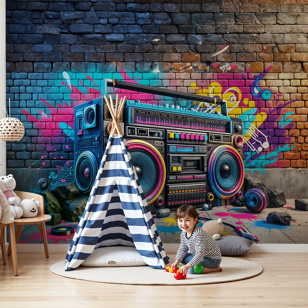 Kids-Mundo graffiti boombox wall mural styled behind a bed in a bold urban-themed kids' bedroom