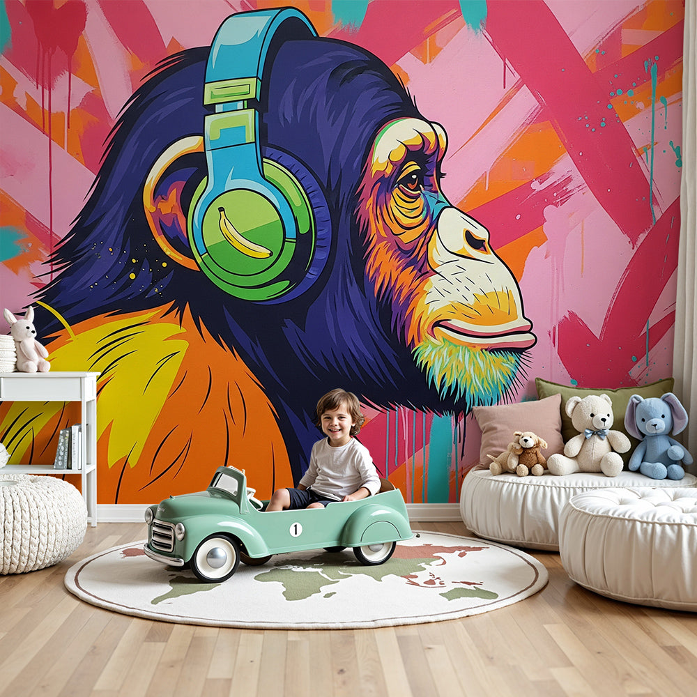 Kids-Mundo vibrant graffiti-style monkey wall mural made to measure for a playful young room