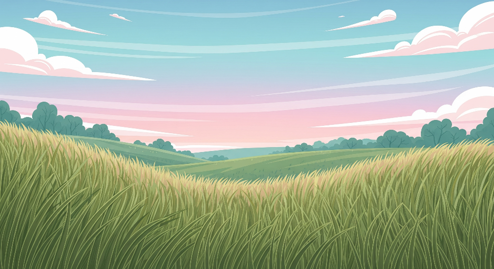 Kids-Mundo flat artwork of grassy meadow hills beneath a pastel sky, ready for made-to-measure wall murals.