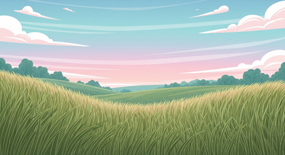 Kids-Mundo flat artwork of grassy meadow hills beneath a pastel sky, ready for made-to-measure wall murals.