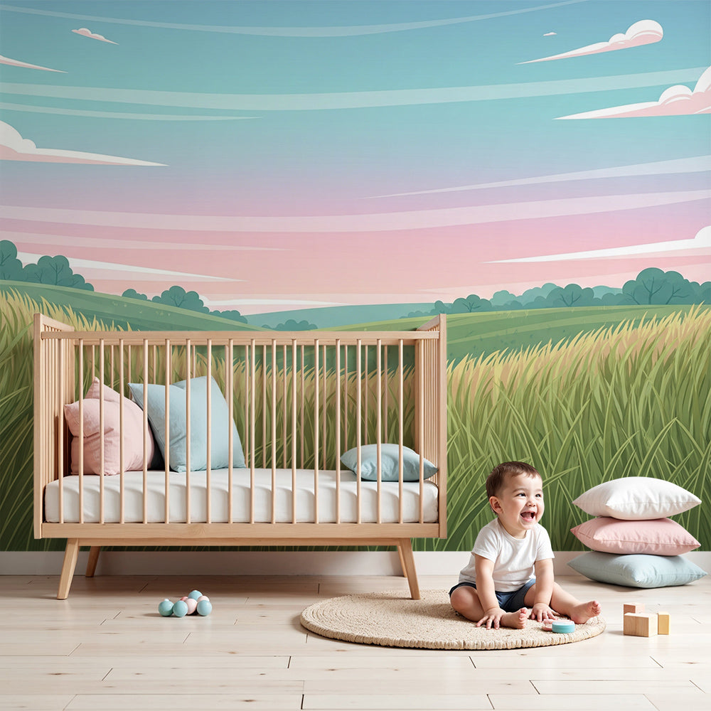 Kids-Mundo grassy meadow hills wall mural styled as made-to-measure wallpaper in a calm baby's nursery.