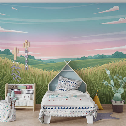 Kids-Mundo meadow hills wall mural in a playroom, made-to-measure wallpaper with rolling grass and pastel clouds.