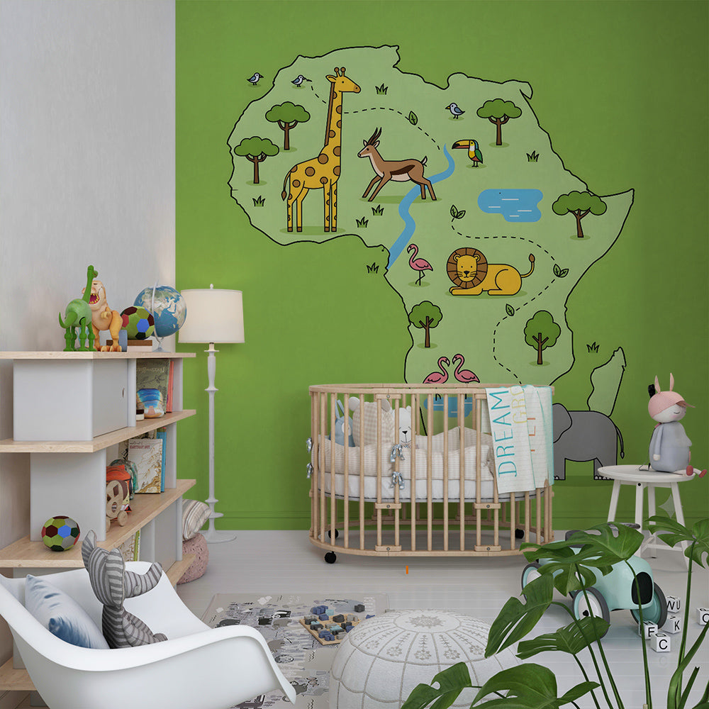 Africa safari map wall mural by Kids-Mundo covering a feature wall in a kids bedroom
