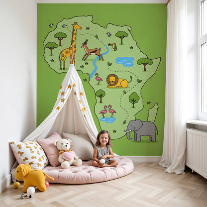 Kids-Mundo green Africa safari animals wall mural above a cot in a soft nursery