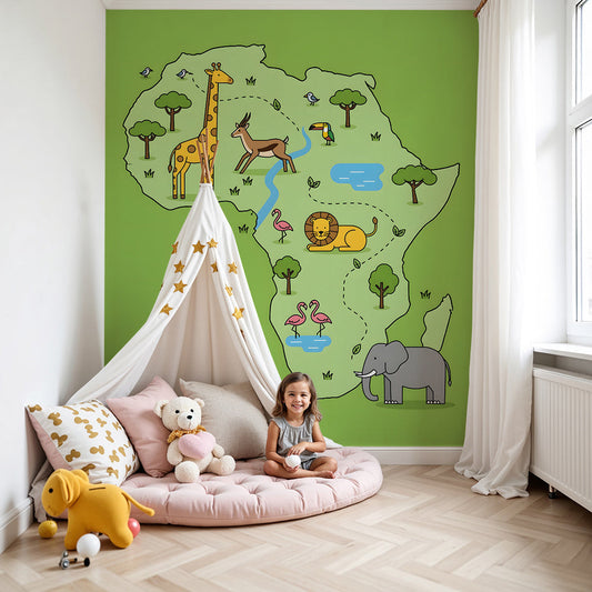 Kids-Mundo green Africa safari animals wall mural above a cot in a soft nursery