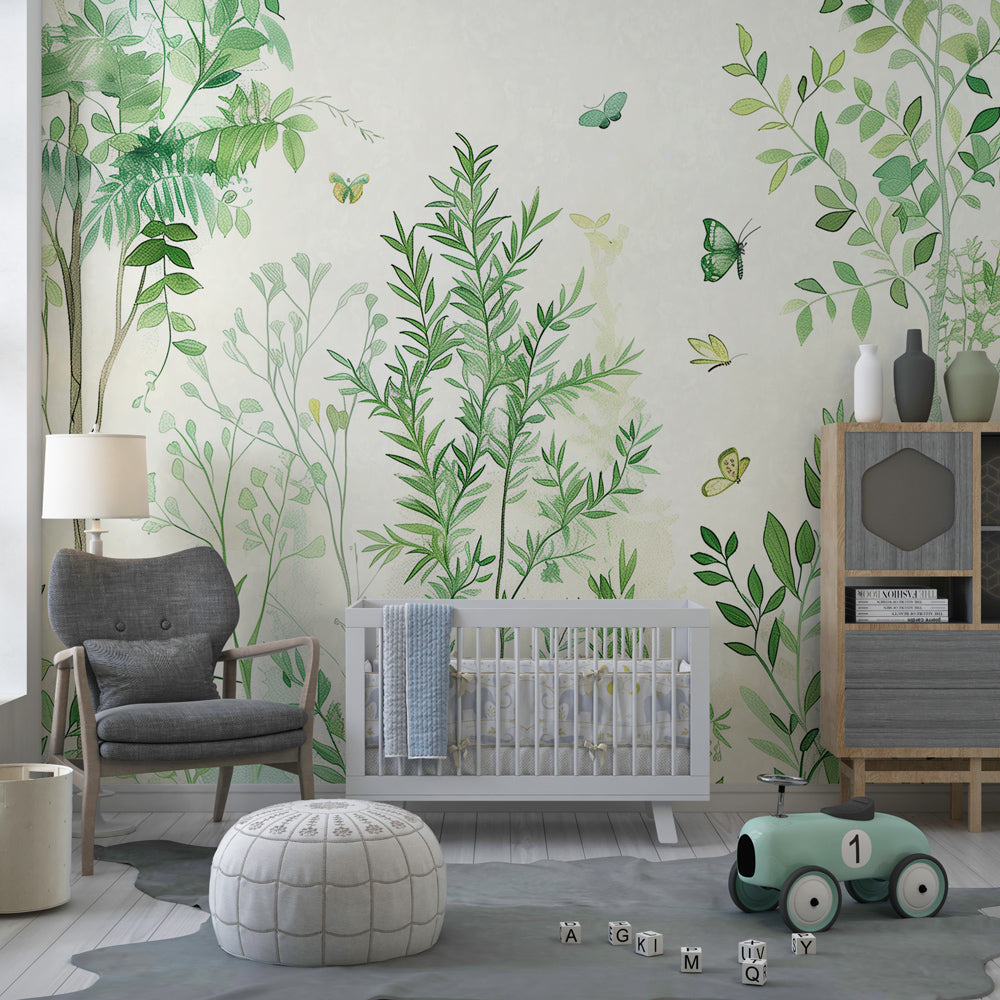 Botanical butterfly wall mural by Kids-Mundo covering a feature wall in a kids bedroom.