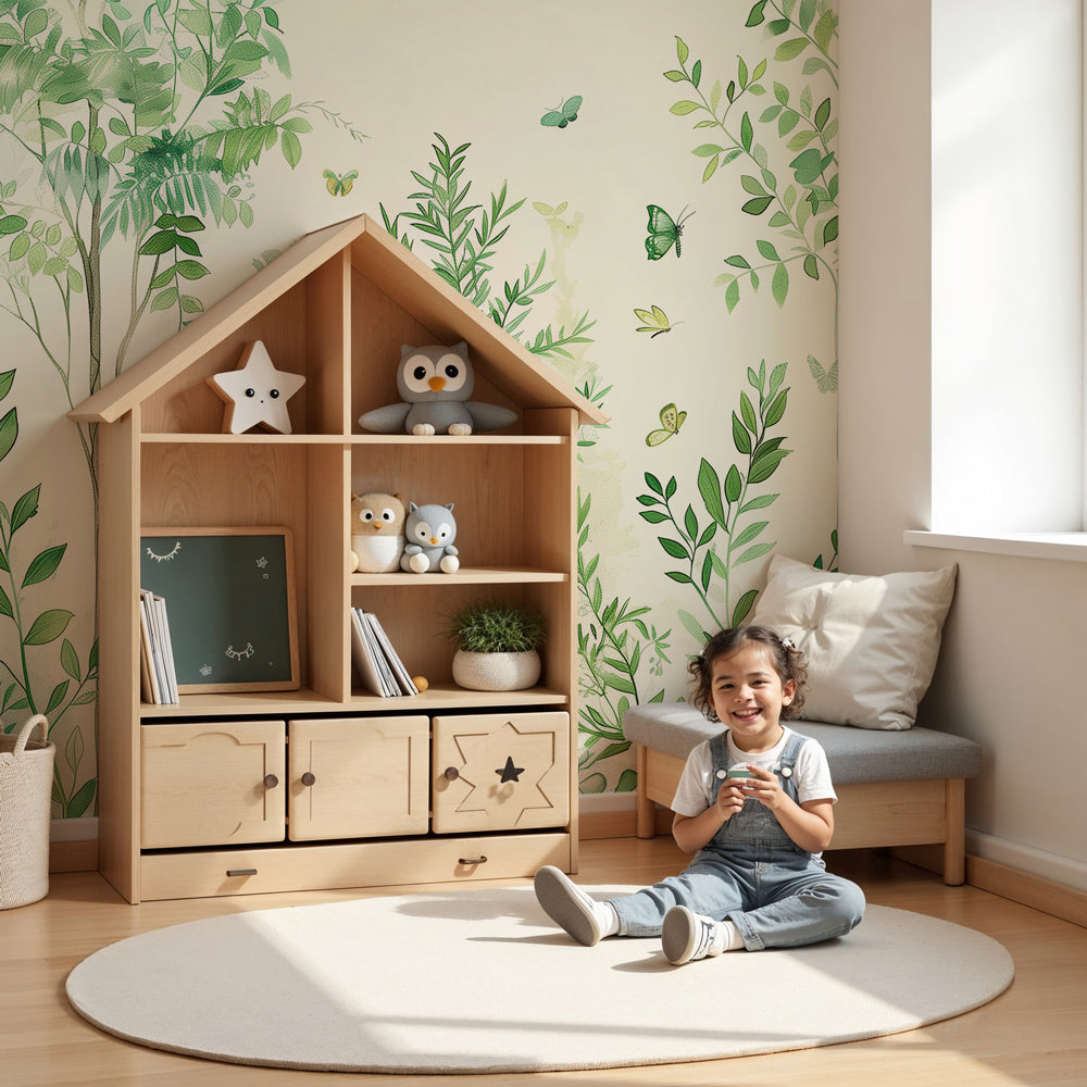 Kids-Mundo green botanical fern wall mural styled softly in a calm, airy baby nursery.