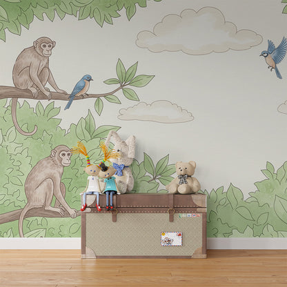 Kids-Mundo monkey and leafy canopy wall mural fitted made to measure on a kids bedroom wall.