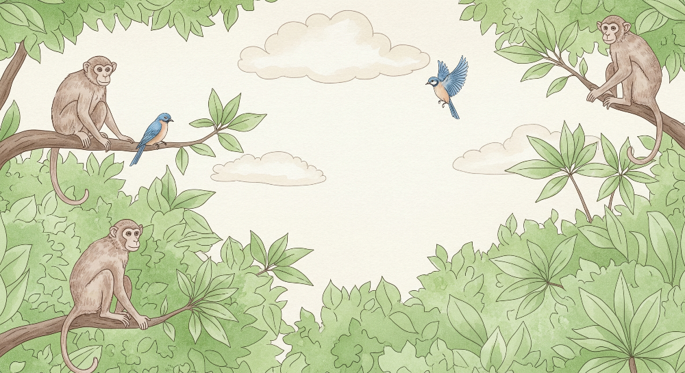 Kids-Mundo flat artwork of a green jungle canopy with three monkeys and a bluebird for a wall mural.