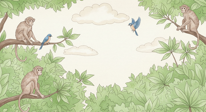 Kids-Mundo flat artwork of a green jungle canopy with three monkeys and a bluebird for a wall mural.
