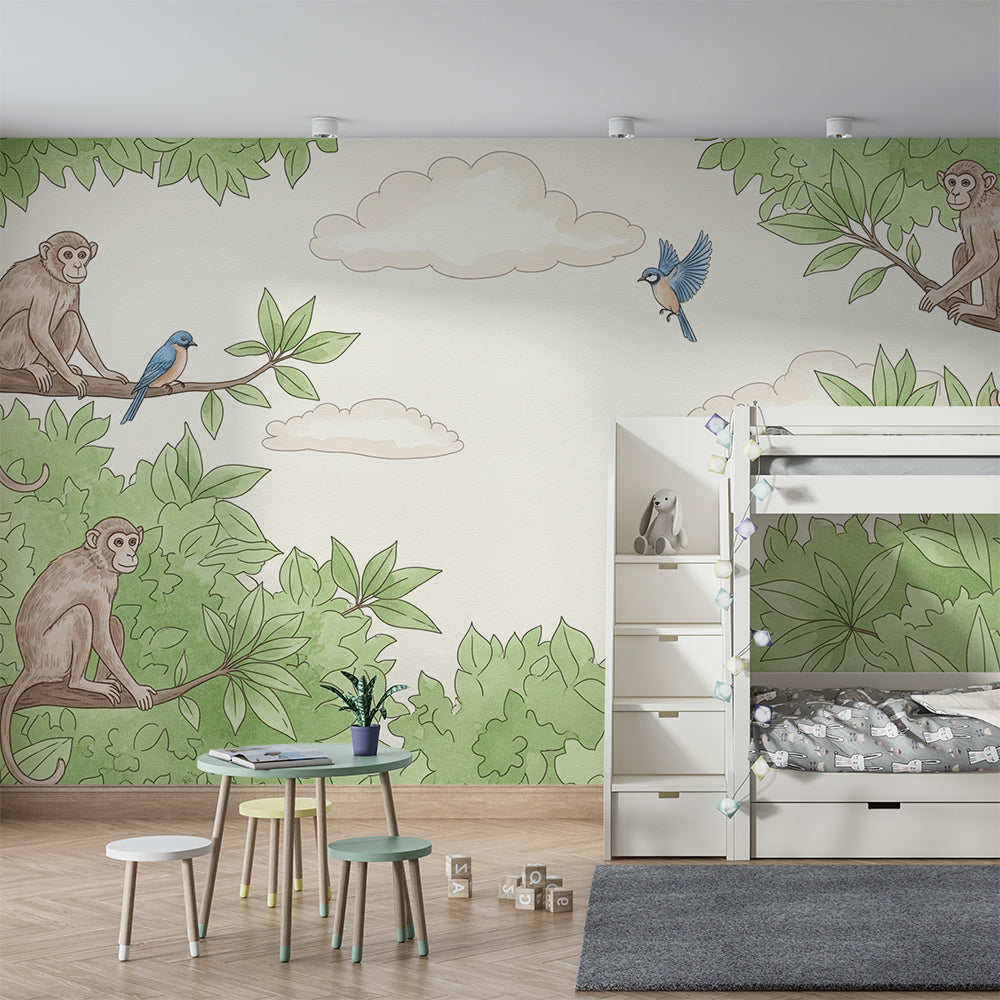 Kids-Mundo green jungle canopy mural with monkeys and a bluebird in a playroom setting.