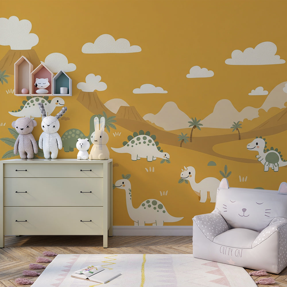 Kids-Mundo dinosaur wall mural covering a kids bedroom wall with a bed and cushions