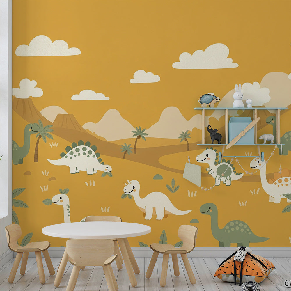 Kids-Mundo volcano valley dinosaur mural on a playroom wall with floor cushions and toys