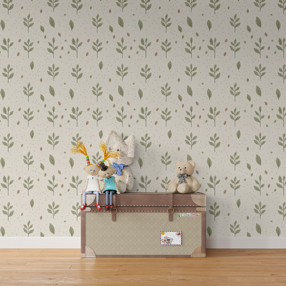 Delicate green leaves wallpaper creating serene atmosphere in children's bedroom decor