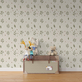 Delicate green leaves wallpaper creating serene atmosphere in children's bedroom decor