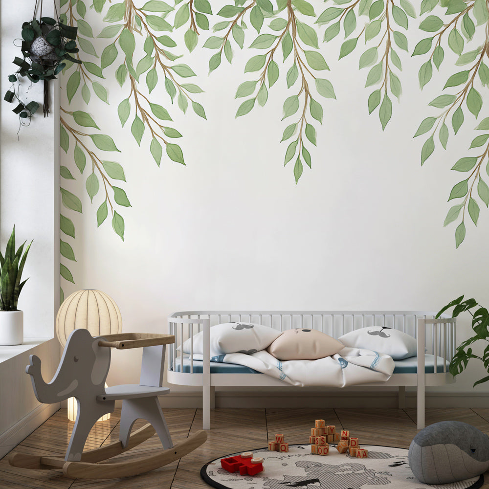 Delicate foliage wallpaper transforming children's bedroom into serene nature sanctuary